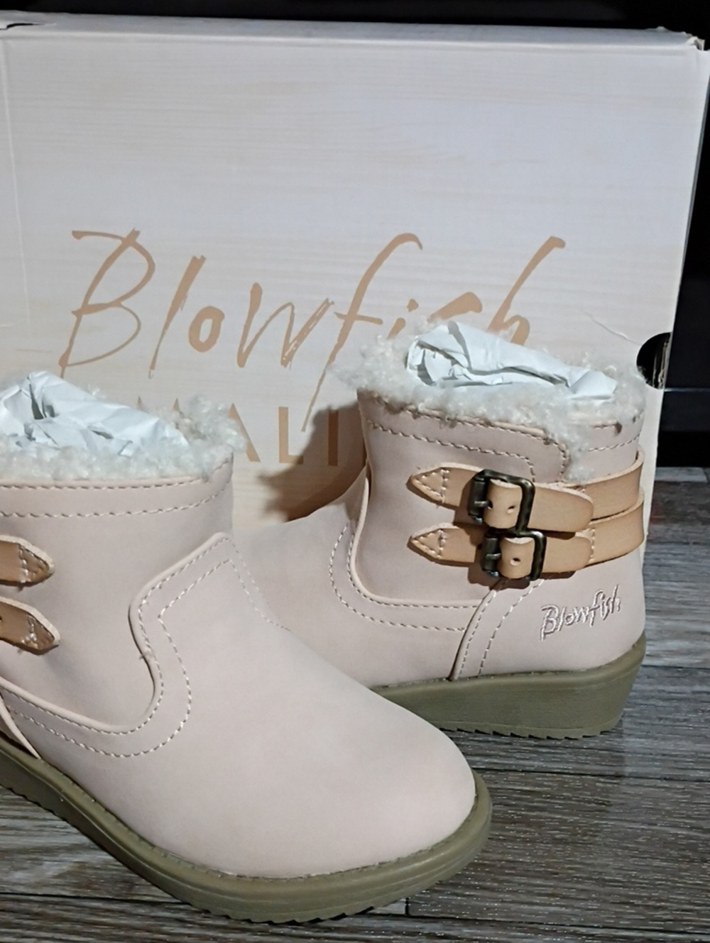 Blowfish Cream Shearling Trim Ankle Booties with Buckle Straps